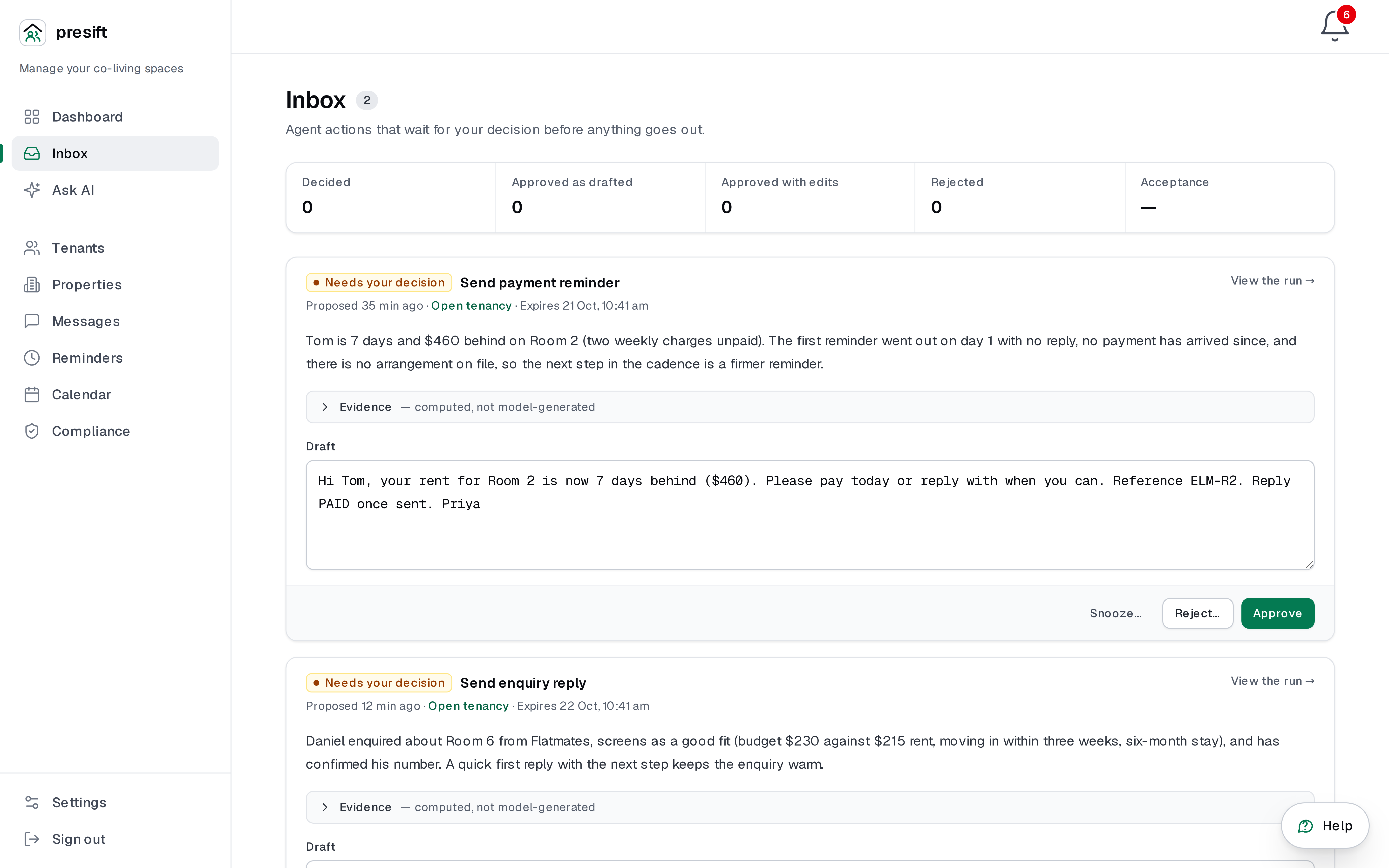 The Presift Inbox: proposals from the agents waiting for approval